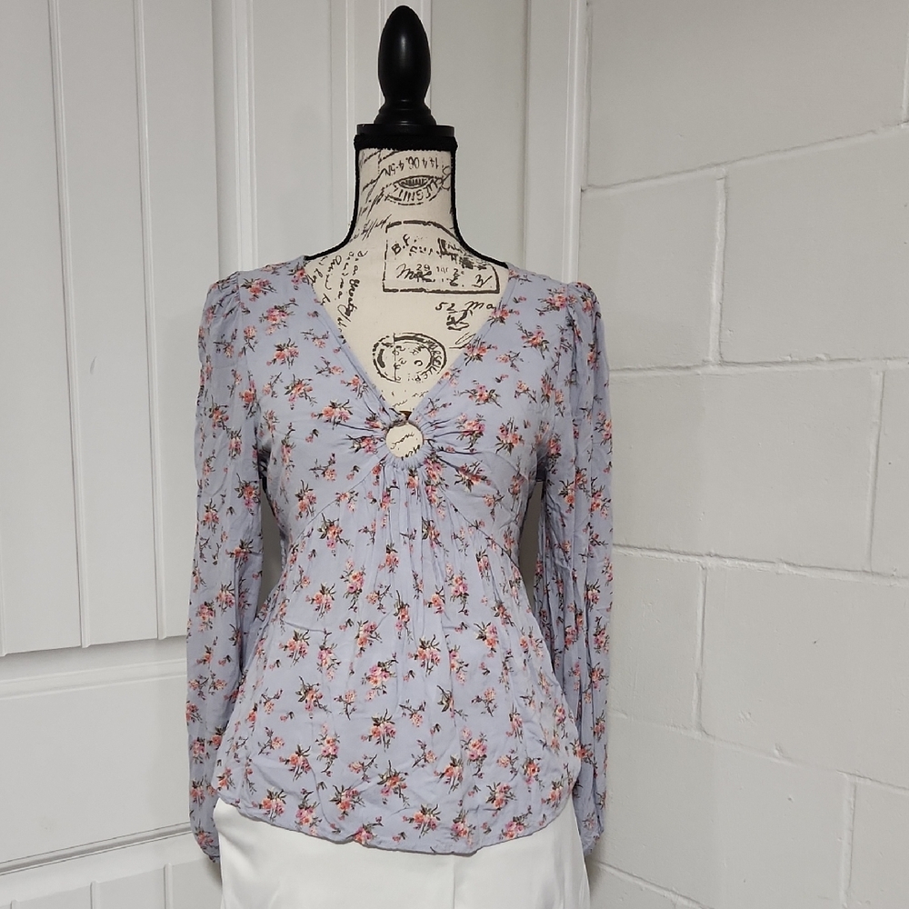 Crave Fame Light Blue Floral Peasant Blouse, Medium NWOT